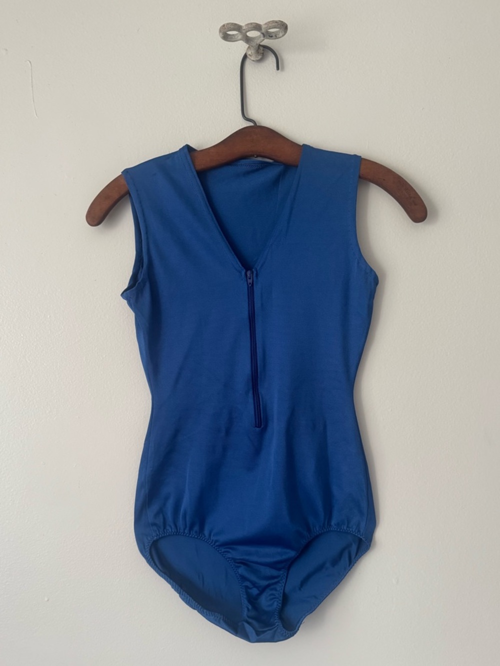 Vintage 80s Blue Zip Front Sleeveless Leotard or Swimsuit.